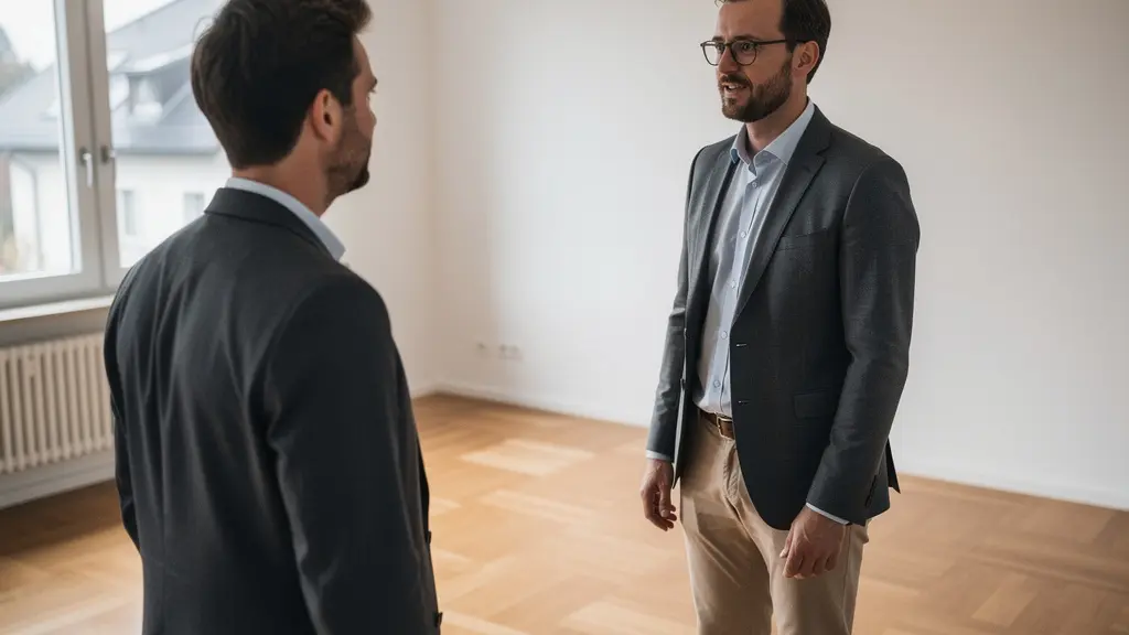 Immobilienmakler im Beratungsgespräch mit Kunde in leerer Wohnung mit Parkettboden