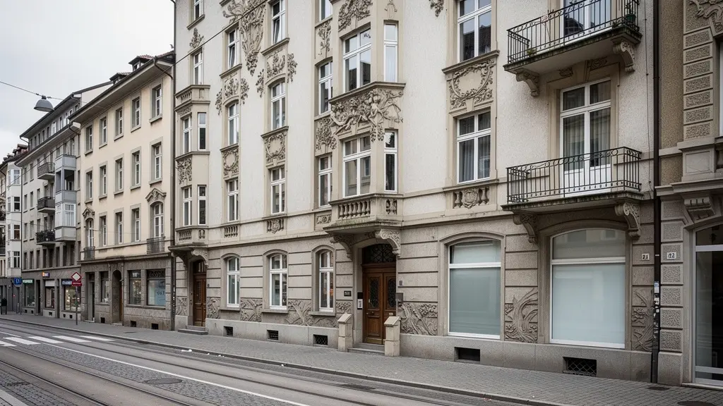 Traditionelles Zürcher Mehrfamilienhaus mit Jugendstil-Fassade und Tramgleisen auf Strassenniveau