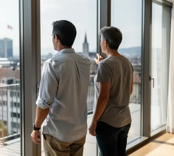 Schweizer Paar bei Wohnungsbesichtigung in Zürich mit Blick durch grosse Fenster auf die Stadt