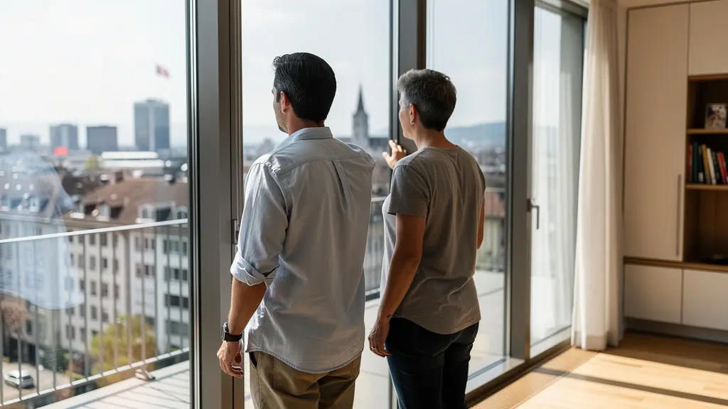 Schweizer Paar bei Wohnungsbesichtigung in Zürich mit Blick durch grosse Fenster auf die Stadt