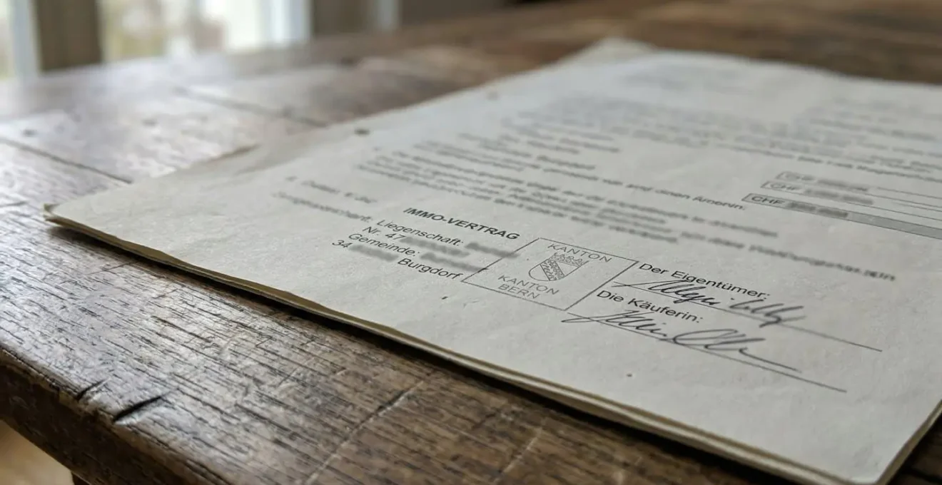 Detailaufnahme eines teilweise sichtbaren Schweizer Dokuments mit Immobiliendaten auf einem Holztisch