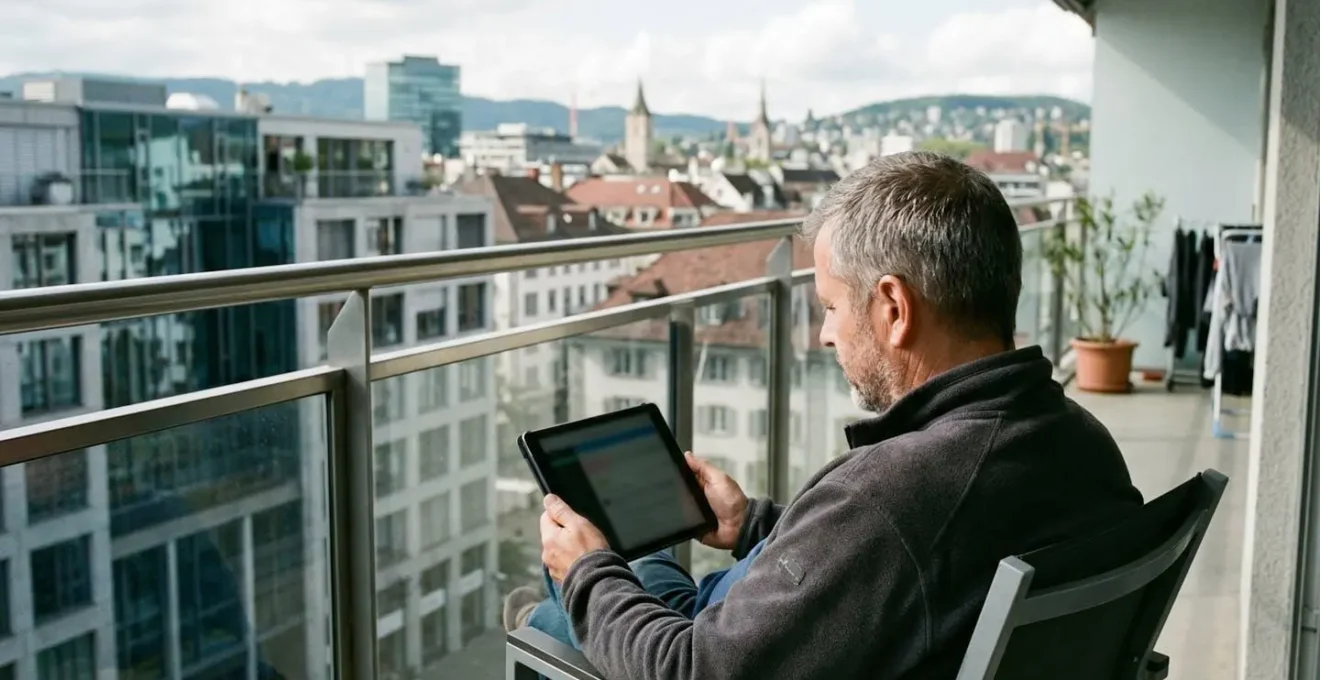Ein Mann mittleren Alters betrachtet entspannt sein Tablet auf einem modernen Balkon mit Blick auf Schweizer Stadtarchitektur