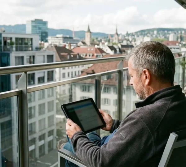 Ein Mann mittleren Alters betrachtet entspannt sein Tablet auf einem modernen Balkon mit Blick auf Schweizer Stadtarchitektur